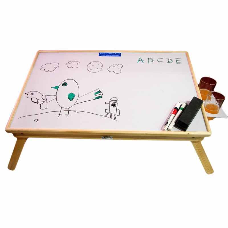 Ekta Product Large White Wooden Folding Laptop Table with Whiteboard Foldable and Portable Multi Purpose Laptop Table Study Table Bed Table Ergonomic and Rounded Edges Breakfast in Bed Table